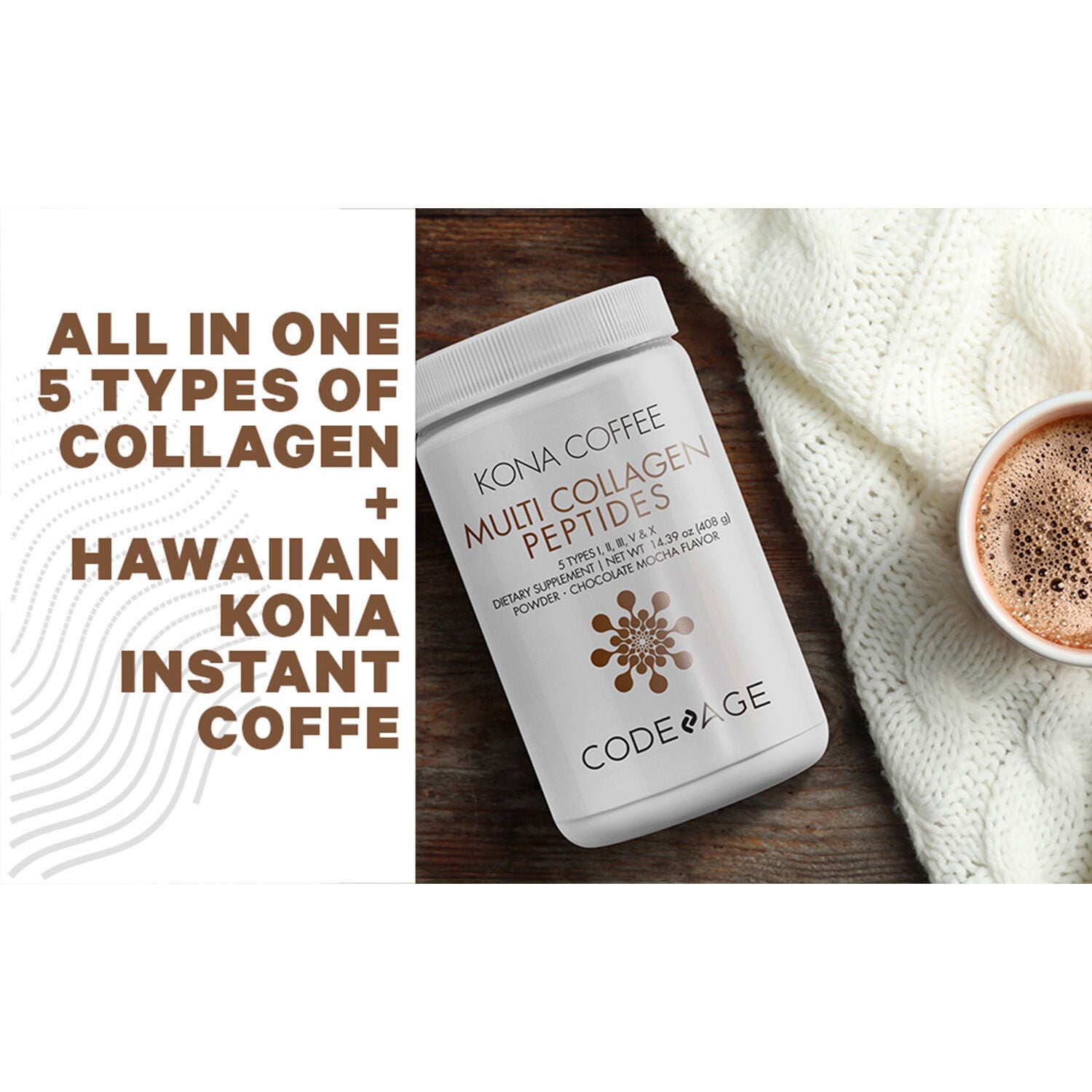 Hydrolyzed Multi Collagen Peptides Powder - 5 Types with Kona Coffee - 14.39 oz. (30 Servings)